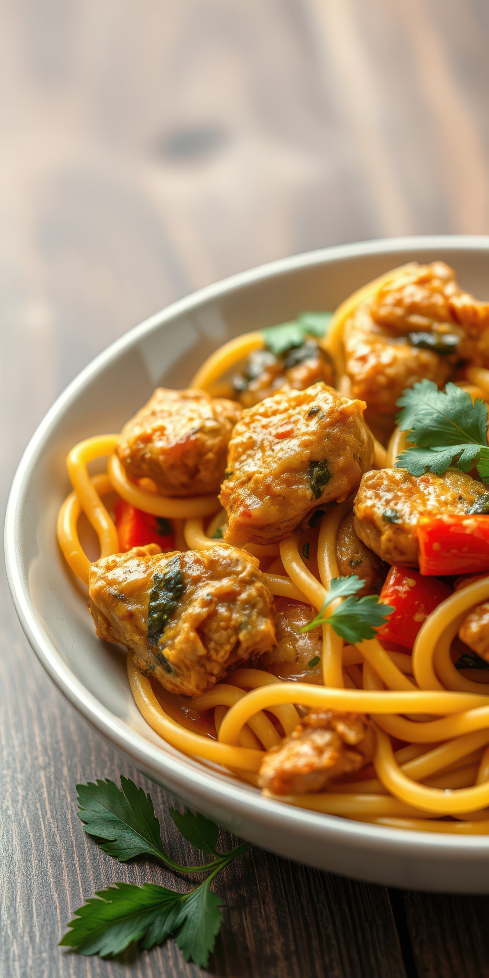 Delicious chicken pasta dish with red bell peppers and fresh herbs served in a bowl on a wooden table